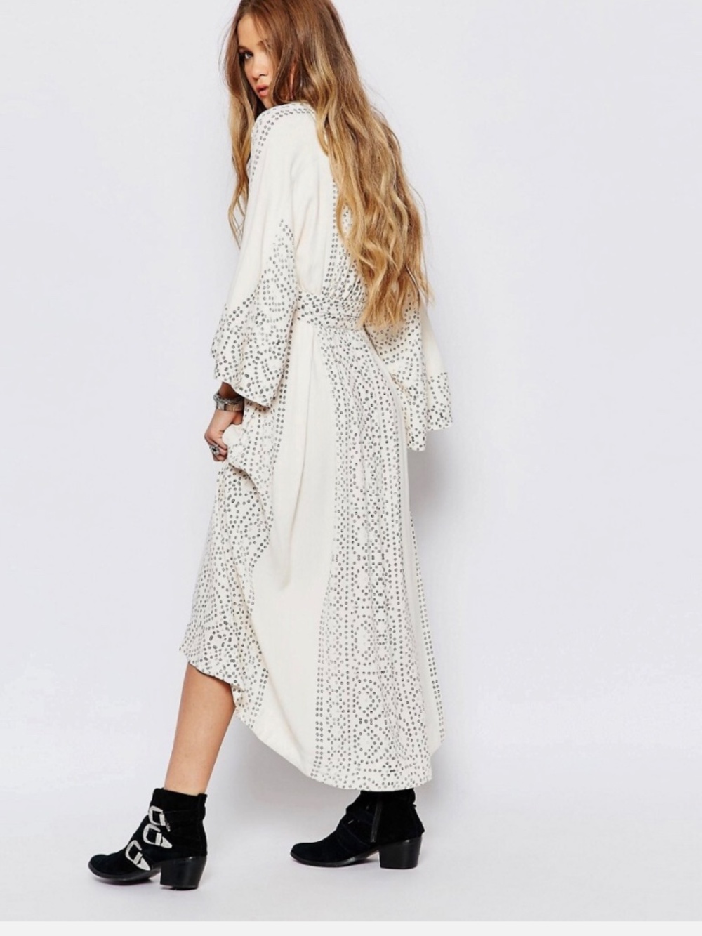 Free People Modern Kimono Pearl Combo Ivory Lace Up Tassel  Maxi Dress  Size 2 - Picture 15 of 15